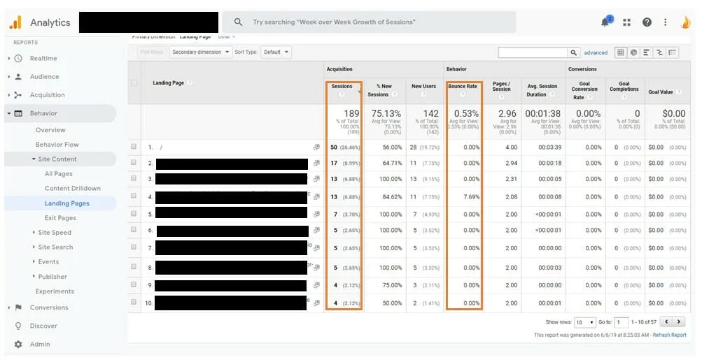 ga landing page report bounce vs sessions - ignite search blog