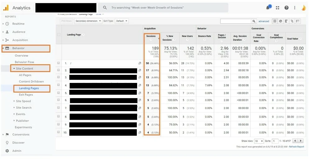 ga landing page report - ignite search blog