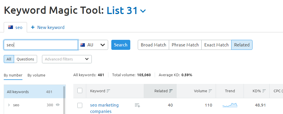 19. keyword magic tool search filter